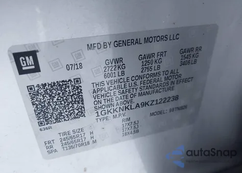 2019 GMC Acadia Sle-1 из США, поврежденный, VIN 1GKKNKLA9KZ122238